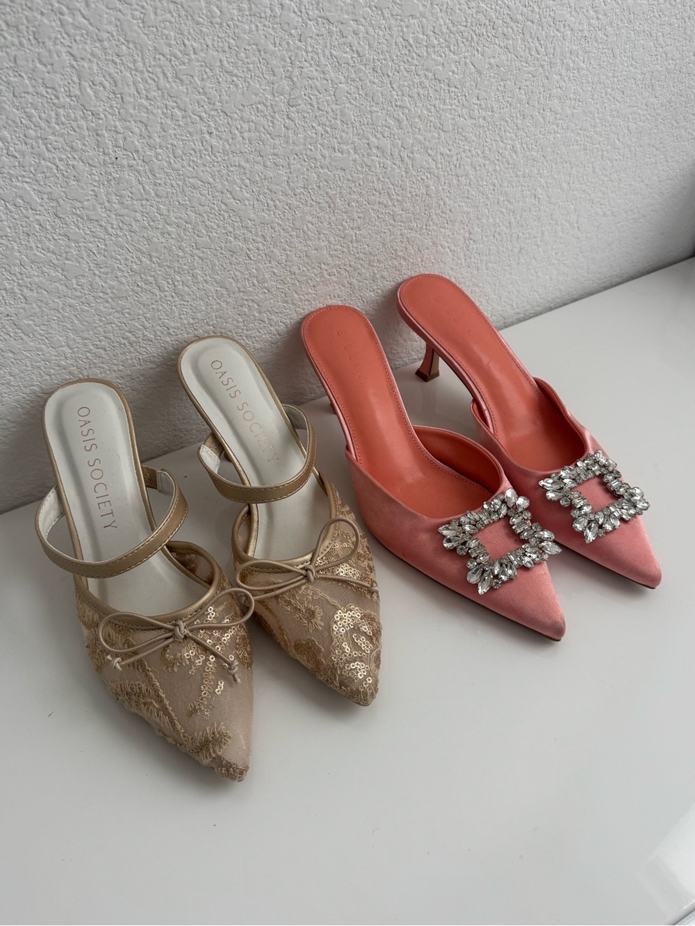 Society Gold Lace Pointed Mules & Society Coral Satin Jewel Mules (Size 7)